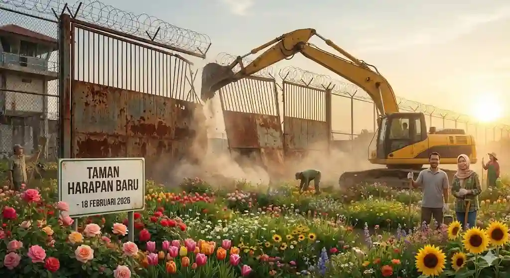 Gerbang penjara tua yang berkarat sedang dirobohkan oleh alat berat, digantikan oleh taman bunga yang indah.