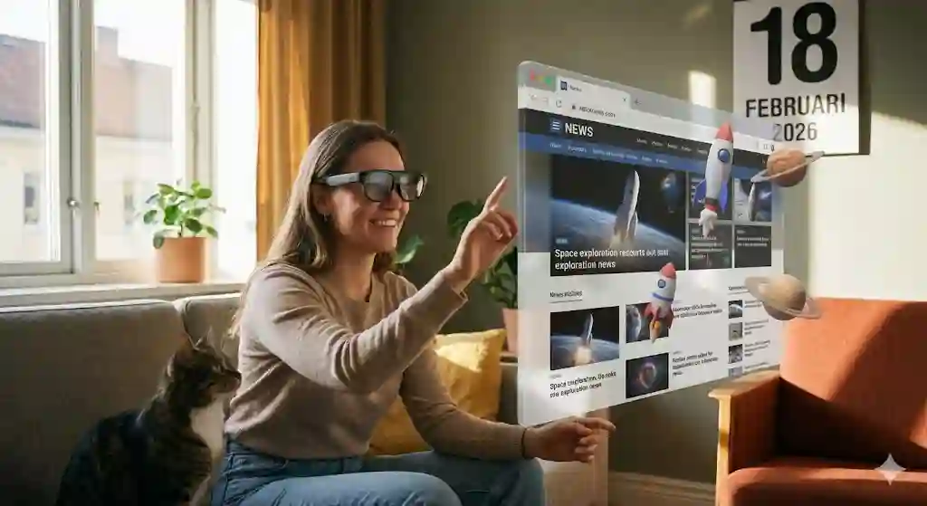 Pengguna internet sedang berinteraksi dengan halaman web yang melayang di udara dalam bentuk objek 3D di ruang tamu mereka.