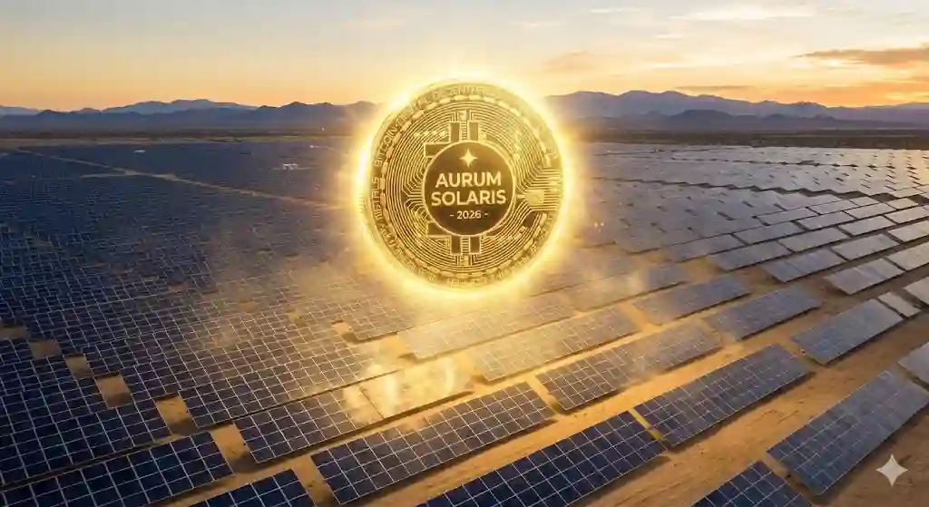 Sebuah koin emas digital bersinar terang dengan latar belakang ribuan panel surya di padang pasir yang luas.