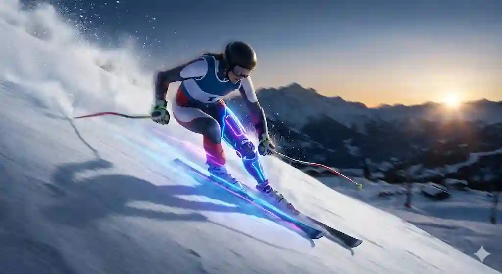 Seorang atlet ski menuruni lereng salju dengan kecepatan tinggi menggunakan satu kaki biologis dan satu kaki robotik yang bersinar neon.
