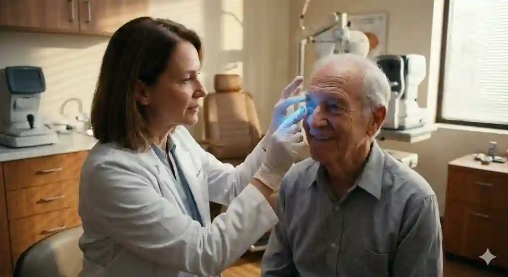 Seorang dokter mata sedang memasangkan lensa kontak transparan yang bersinar biru redup ke mata seorang pasien lanjut usia.