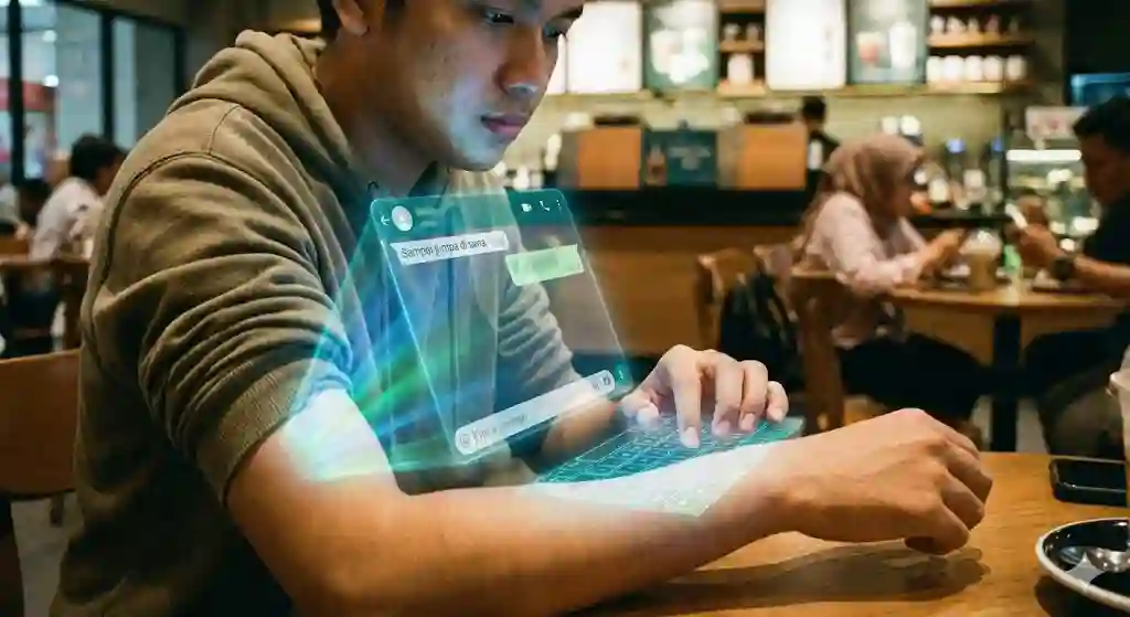 Seseorang sedang mengetik pesan di lengan kirinya yang memancarkan proyeksi layar digital dari bawah kulit.